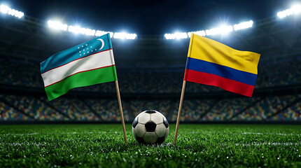 Uzbekistan Vs Colombia ????????, national flags before world championship. Football World Cup Match.