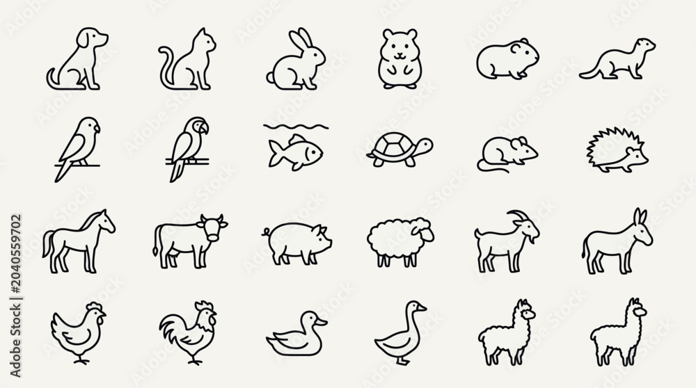 Fototapeta premium Set of diverse domestic animal and pet line icons on a white background