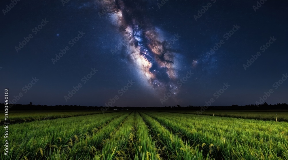 Obraz premium Vast green rice fields under starry night sky with Milky Way galaxy stretching above. Serene landscape captures beauty of rural nature, cosmos. Perfect for themes of agriculture, astronomy,
