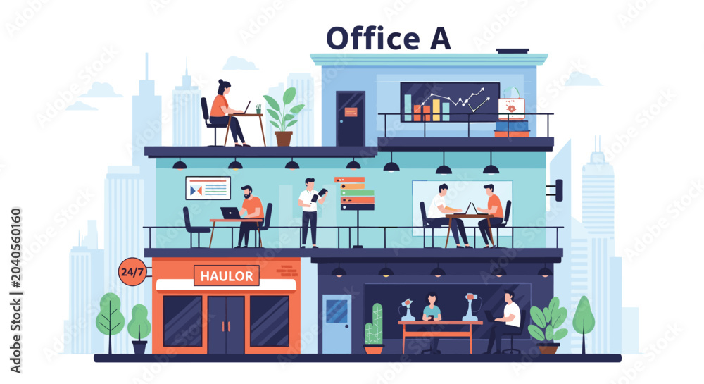 Naklejka premium Detailed multi-story office building illustration shows diverse professionals working in a modern corporate environment across different departments.