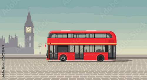 A classic red double-decker bus travels along a cobblestone street with the iconic Houses of Parliament and Big Ben visible in the background
