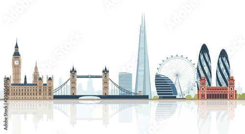 Stylized flat illustration of the iconic London skyline featuring Big Ben, Tower Bridge, The Shard, and the London Eye against a clean white background