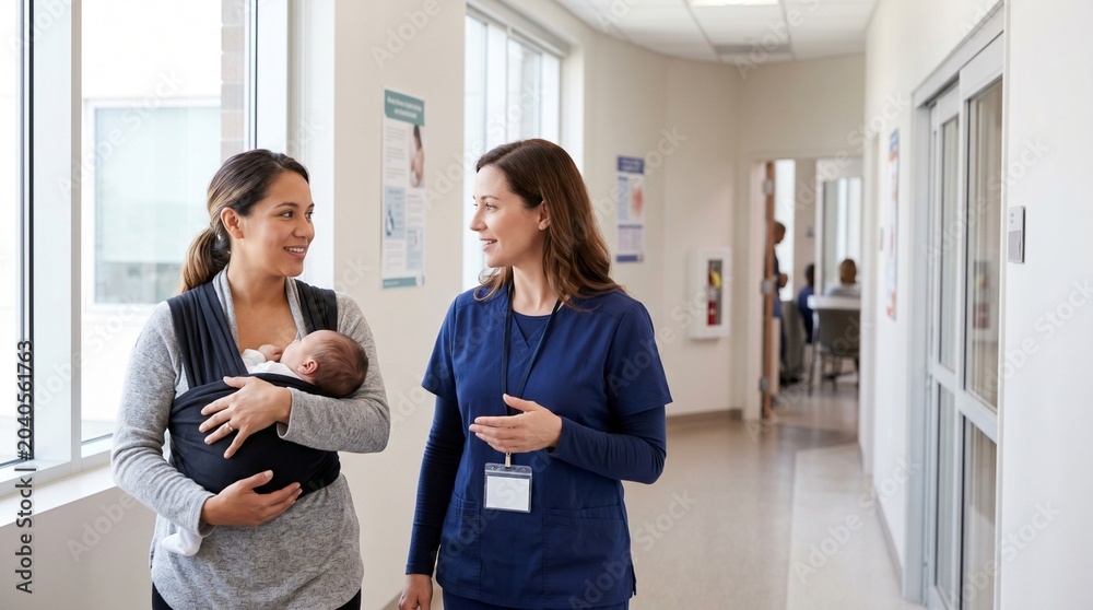 Obraz premium Nurse Walking with Mother Carrying Infant for Breastfeeding Support in Clinic Hallway and Postpartum Care Photo