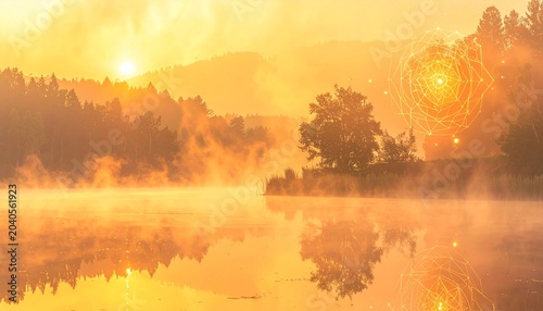 Sacred Geometric Sunrise Landscape with Glowing Fog