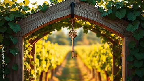 A single golden key hangs from a wooden archway entwined with grapevines.