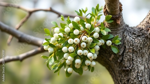 Fresh green mistletoe with white berries growing on an oak branch.
