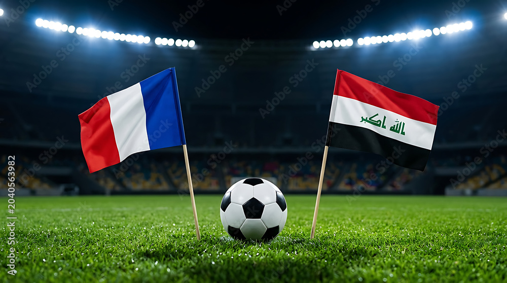 Fototapeta premium Iraq vs France, national flags before world championship. Football World Cup Match.