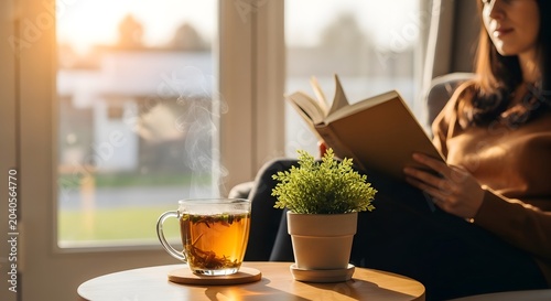Woman reading book with tea in cozy sunlit living room