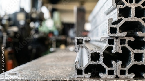 Extruded aluminum t-slot profiles stacked on a workbench in a metal workshop
