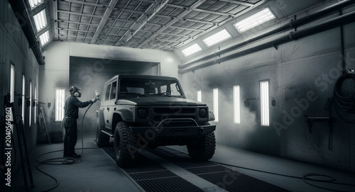 Technician spraying a custom off-road SUV in a professional paint booth. Worker applying matte finish to a 4x4 vehicle with a spray gun. Car restoration and industrial body shop service concept.