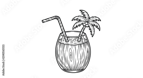Foto Coconut drink illustration with palm frond and straw black and white