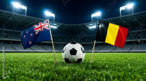 Belgium Vs New Zealand, national flags before world championship. Football World Cup Match.