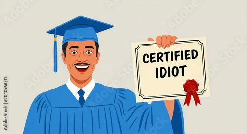 Happy graduate in blue academic regalia holding a certificate. The document humorously identifies the man as a certified idiot with a red seal. Satirical education concept for humor and irony.