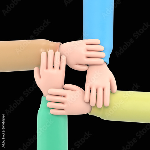 Cartoon Gesture Icon Mockup.Four diverse men holding each others wrists.Top view.3D rendering on black Screen for footage and clipping path.