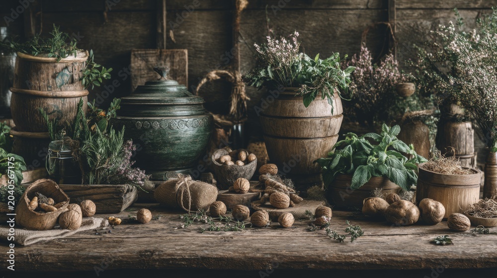 Fototapeta premium Rustic kitchen display of fresh herbs, root vegetables, and artisanal ingredients in wooden containers, evoking farm-to-table lifestyle and natural cooking