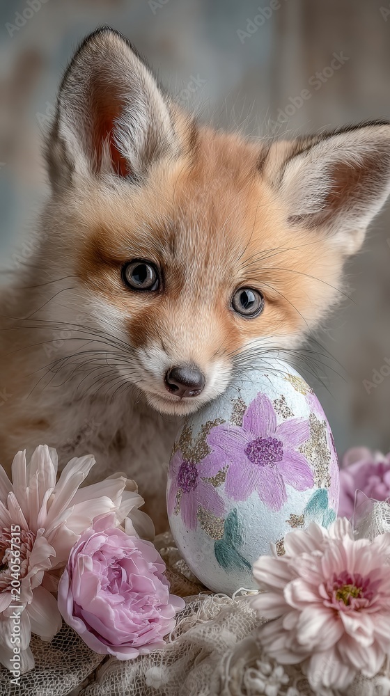 Naklejka premium Easter's warmth and happiness in fox cub's embrace. Everyday sce