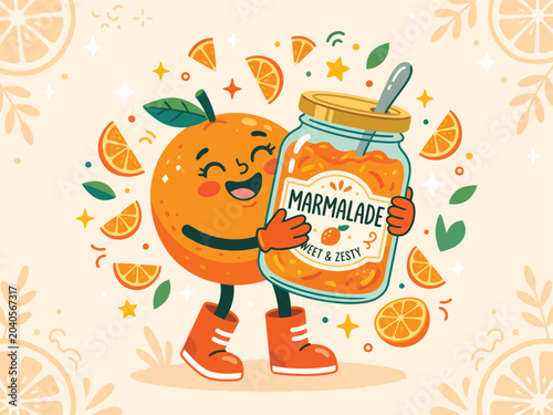 Obraz na plátně Cute orange character holding marmalade jar vector, happy fruit mascot with swee