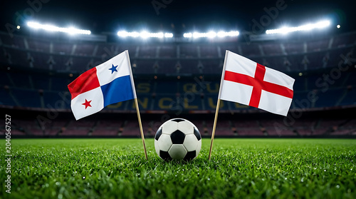 Panama vs England, national flags before world championship. Football World Cup Match.