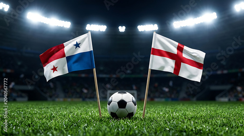 Panama vs England, national flags before world championship. Football World Cup Match.