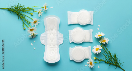Sanitary napkin and nursing pads on blue background with chamomile. Feminine hygiene and postpartum items in a clean flat lay. Motherhood wellness concept for feminine healthcare marketing.