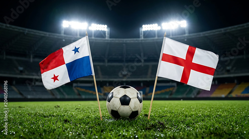 Panama vs England, national flags before world championship. Football World Cup Match.