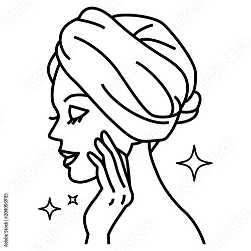 Skincare Woman Profile Line Art, Female Beauty Face with Hair Towel Turban Icon