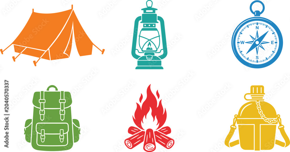 Naklejka premium Minimalist Colorful Camping and Outdoor Adventure Icon Set Featuring Orange Tent Teal Lantern Blue Compass Green Backpack Red Campfire and Yellow Canteen Illustrations