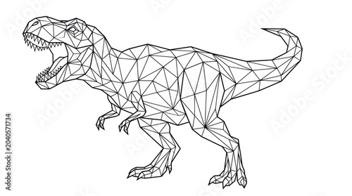 Geometric Tyrannosaurus Rex Dinosaur Line Art, Polygonal Style, White Background