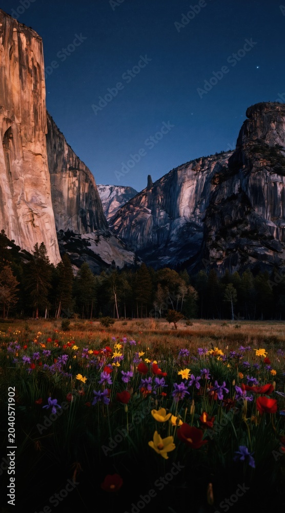 Obraz premium Vibrant meadow full of colorful wildflowers sits before massive granite cliffs under starry night sky. Evergreen trees form dense forest line separating meadow from imposing rock formations.