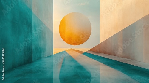 Geometric abstraction of translucent circle and diagonal lines with gradient colors on a white background in modern art setting