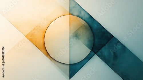 Geometric abstraction featuring a translucent circle intersected by two thin lines in a gradient of teal and beige on a white background