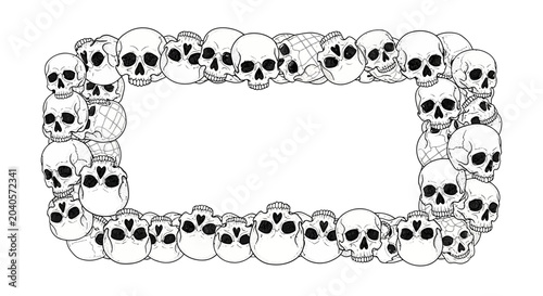 Rectangular Frame of Skulls Border, Halloween Decorative Element, Spooky Design, Black and White Illustration