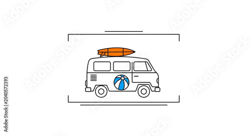 Retro Camper Van with Surfboard on Roof, Beach Ball on Side, Summer Vacation Concept