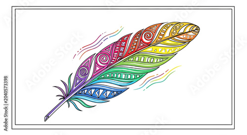 Vibrant Rainbow Feather with Intricate Patterns and Wavy Lines