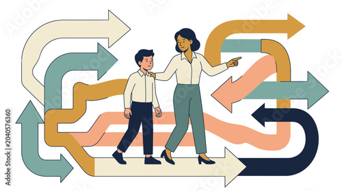 Professional Mentorship and Guidance Concept with Woman Showing Direction to Young Boy, Flat Illustration