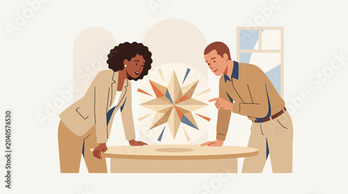Diverse Business Professionals Discovering a Glowing Compass Star Symbol for Strategic Vision and Innovation Illustration