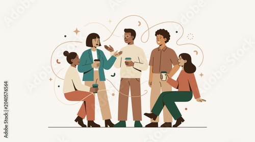 Diverse Group of Colleagues Having a Casual Meeting and Coffee Break, Modern Vector Illustration of People Networking and Socializing