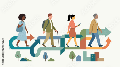 Diverse People Walking on Colorful Arrow Paths Illustration for Career and Life Journey Concept