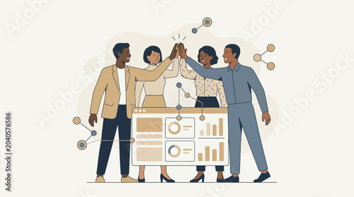 Diverse Business Team Celebrating Success and Data Analytics Achievement with High Fives, Professional Collaboration and Teamwork Flat Illustration