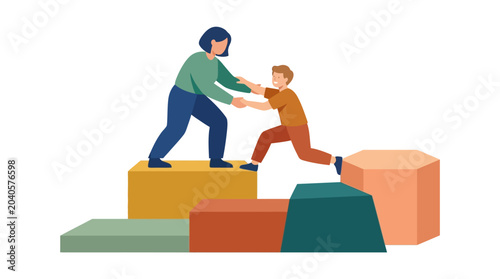 Woman Helping Child Climb Blocks - Support, Growth, and Mentorship Concept Illustration