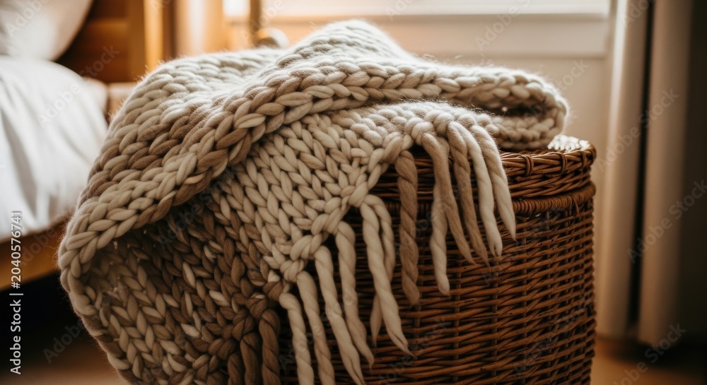 Obraz premium Chunky hand-knitted wool blanket with fringe draped over a woven basket, exuding warmth and cozy comfort