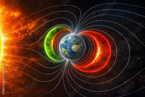 Earth magnetic field and solar storm interaction visualization, planet protected by magnetosphere against solar radiation, space weather phenomenon with sun plasma energy, geomagnetic shield, astronom