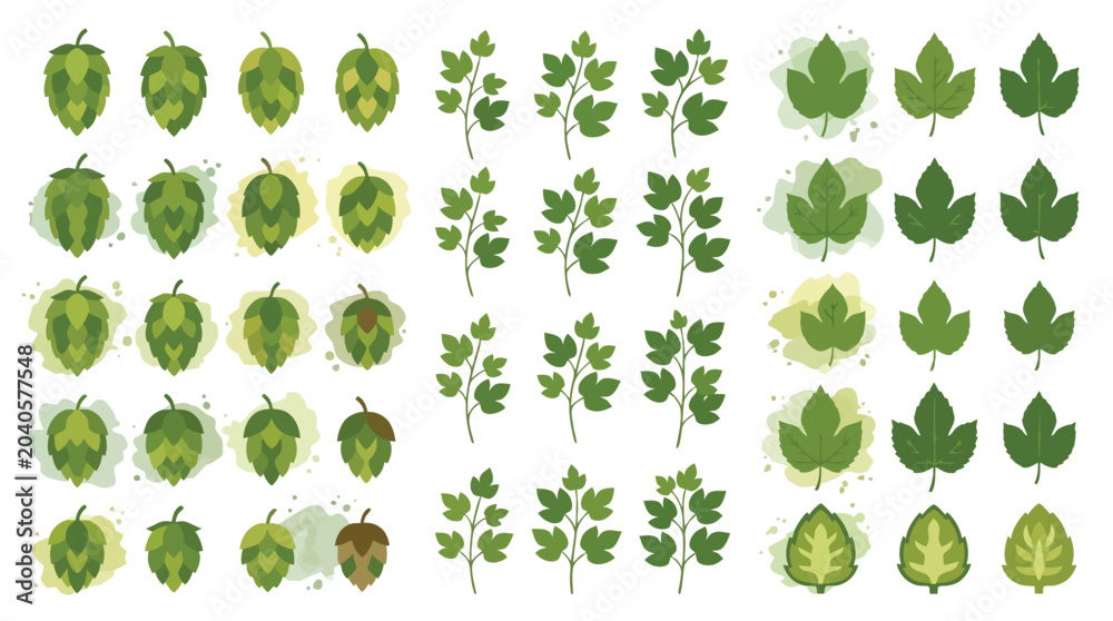 Fototapeta premium Green Leaf Vector Set Pattern with Fresh Botanical Icons.
