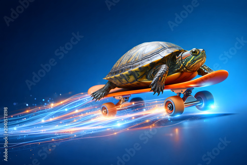 Turtle riding skateboard with glowing speed trail blue background, funny fast slow animal racing concept, extreme sports motion, cute reptile on longboard, dynamic energy streaks, speed challenge illu