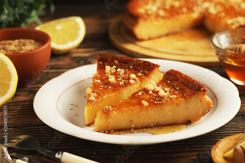 A traditional dish of the cuisine of Greece - Melopita, a honey cheesecake	