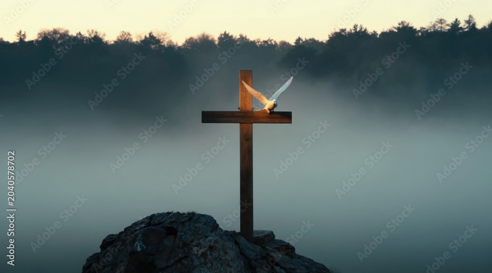 Obraz premium Wooden cross on rocky cliff edge. White dove flies near cross at misty dawn. Symbolizes faith hope peace and spirituality. Religion and belief in divine.