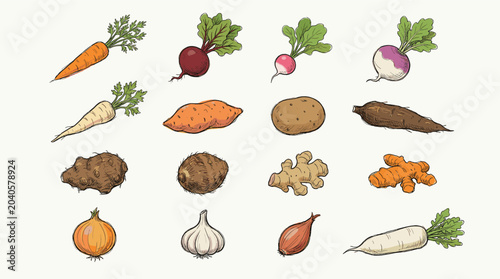Color root vegetables icon set vector illustration. Flat graphic collection of organic veggies including potato carrot beetroot onion and ginger isolated on white.