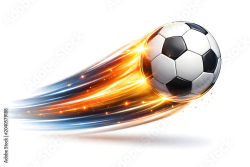 Soccer ball flying blazing fire trail speed motion sport energy, dynamic football explosion isolated on white background, fast championship kick, powerful tournament action, game competition concept