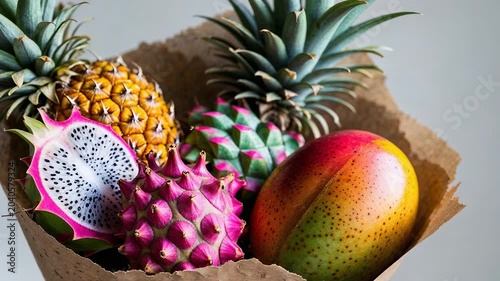 Tropical fruit arrangement with mango, pineapple, and dragon fruit in a paper box on a table