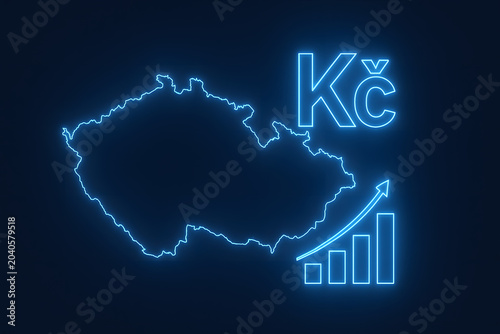 Kazakhstan climate temperature map neon glowing growth chart, blue digital outline with celsius symbol and rising analytics arrow, weather data forecast, economic statistics concept on dark background